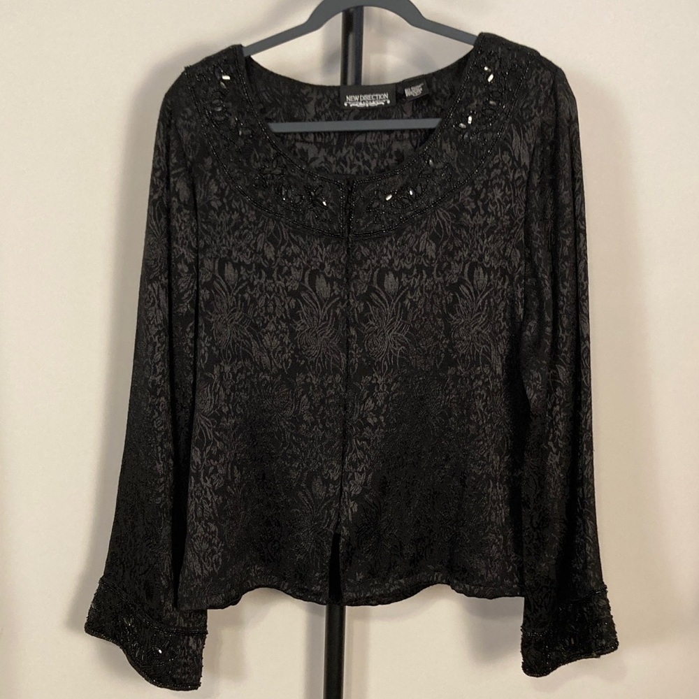 new directions Black Long-Sleeve Scoop Neck Blouse with Embellished Neckline